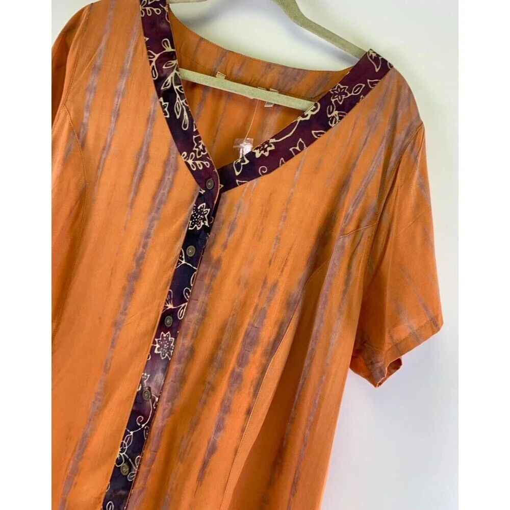 Soft Surroundings Sunset Bali Dress Orange Short Sleeve Button 2BD24 Womens 1X - Picture 4 of 13